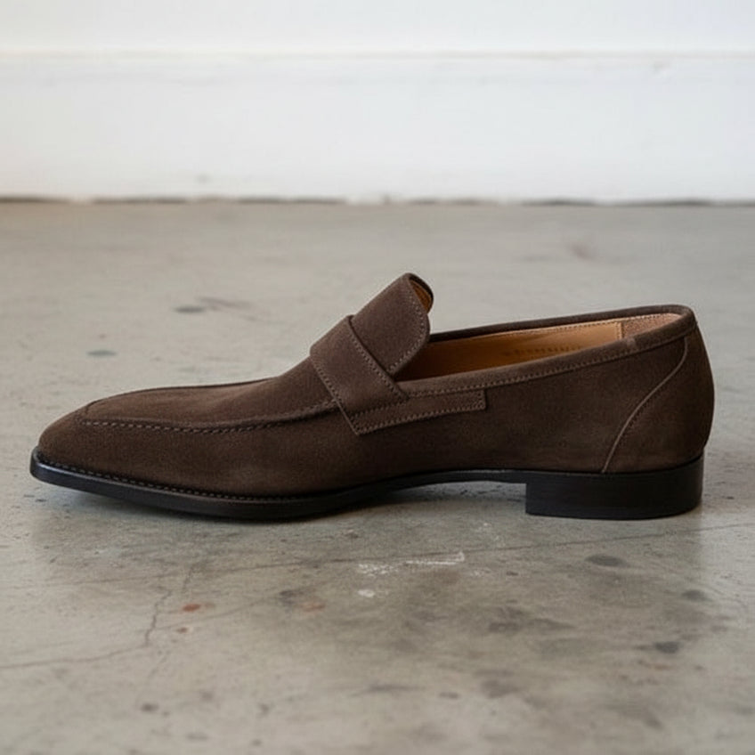 Handmade Light Brown Suede Moccasins, Men Formal Stripe Slip Ons Dress Shoes