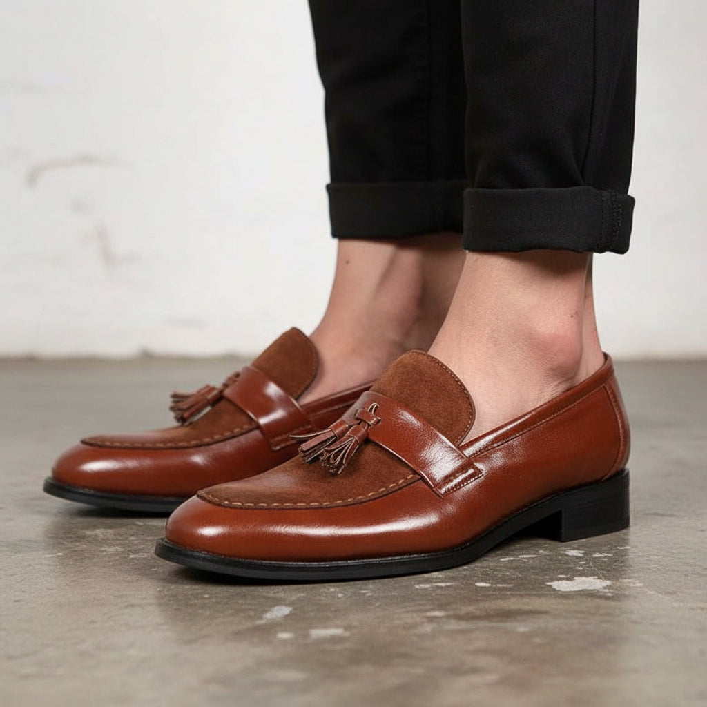 Handmade Men Brown Tassels Shoes, Brown Moccasins Shoes, Shoes For Mens - angle-view-showing-depth