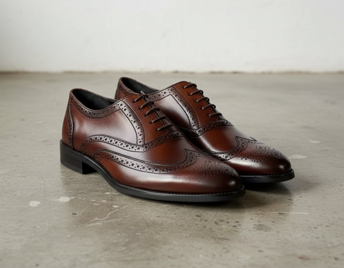 Handmade Men brown wingtip brogue shoes, Mens fashion dress shoes - angle-view-showing-depth