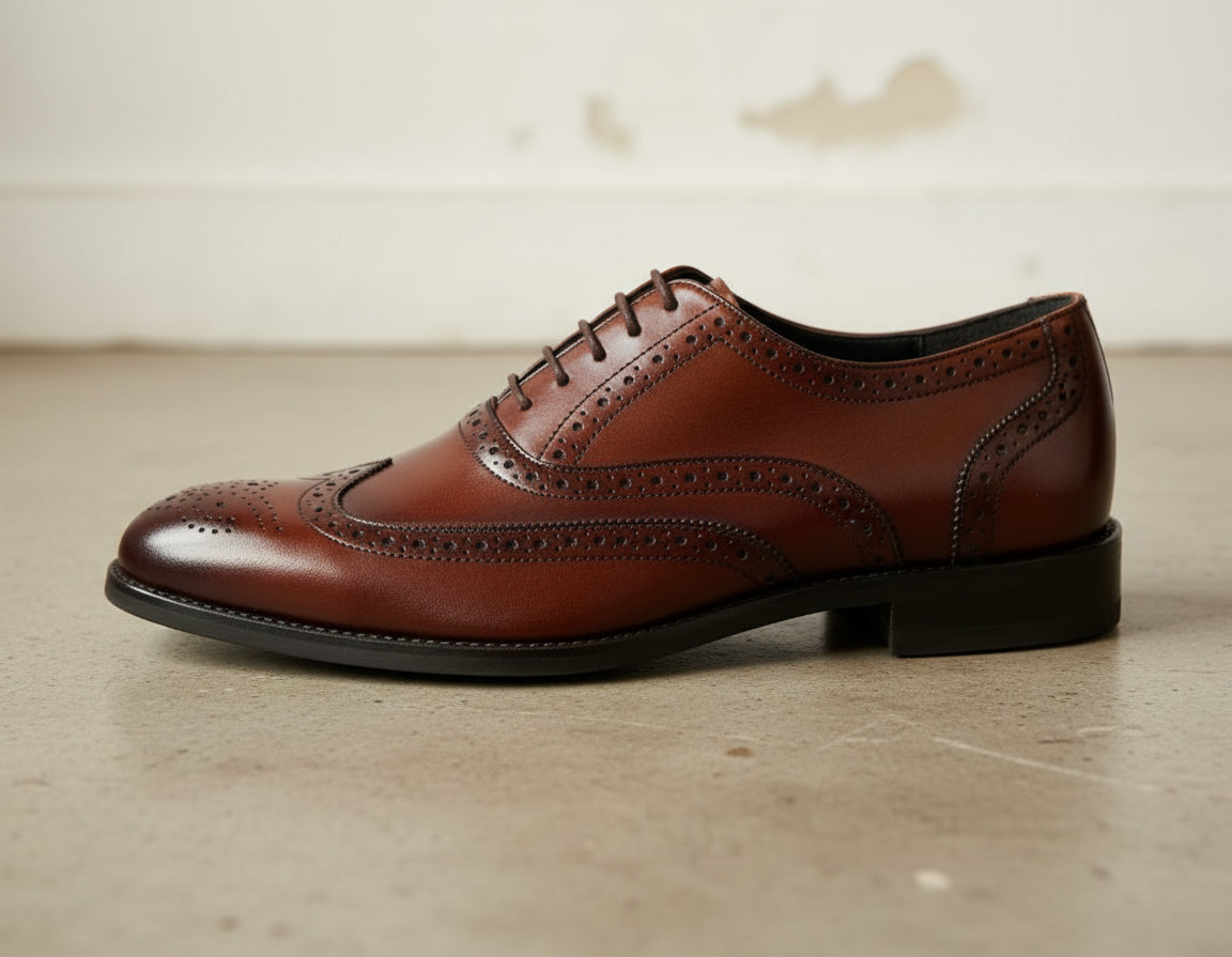 Handmade Men brown wingtip brogue shoes, Mens fashion dress shoes - detail-view-showing-texture