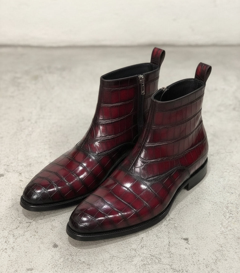 Handmade Men burgundy crocodile boots, Men alligators boot, Men zipper boot - angle-view-showing-depth