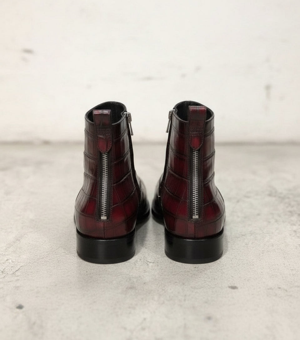 Handmade Men burgundy crocodile boots, Men alligators boot, Men zipper boot - back-view