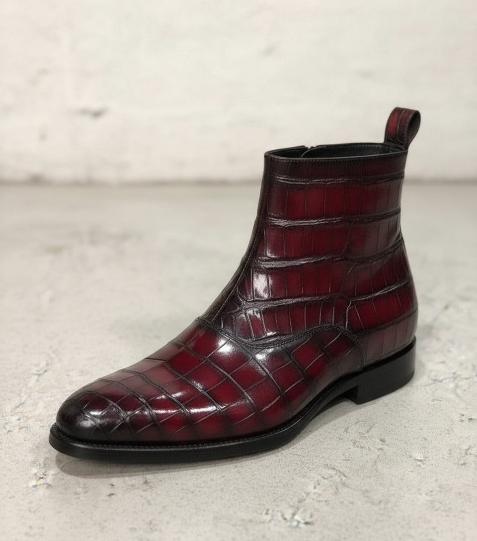 Handmade Men burgundy crocodile boots, Men alligators boot, Men zipper boot - detail-view-showing-texture