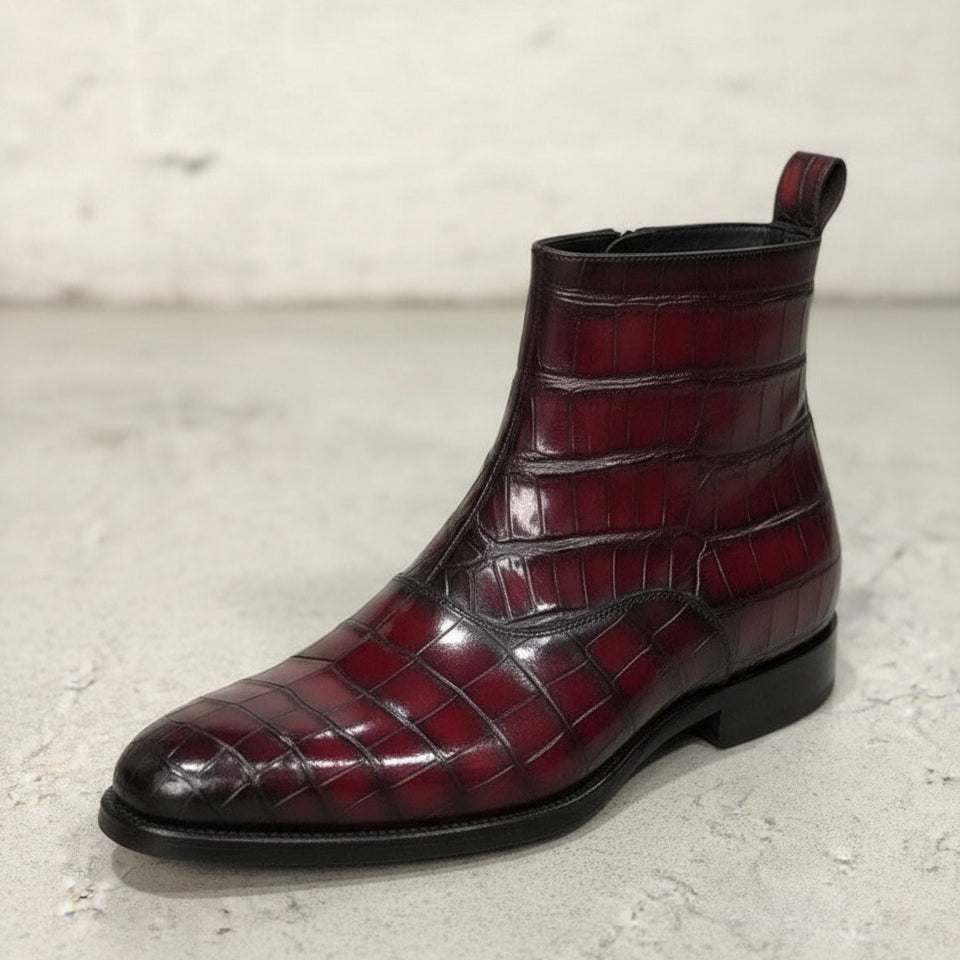 Handmade Men burgundy crocodile boots, Men alligators boot, Men zipper boot - detail-view-showing-texture