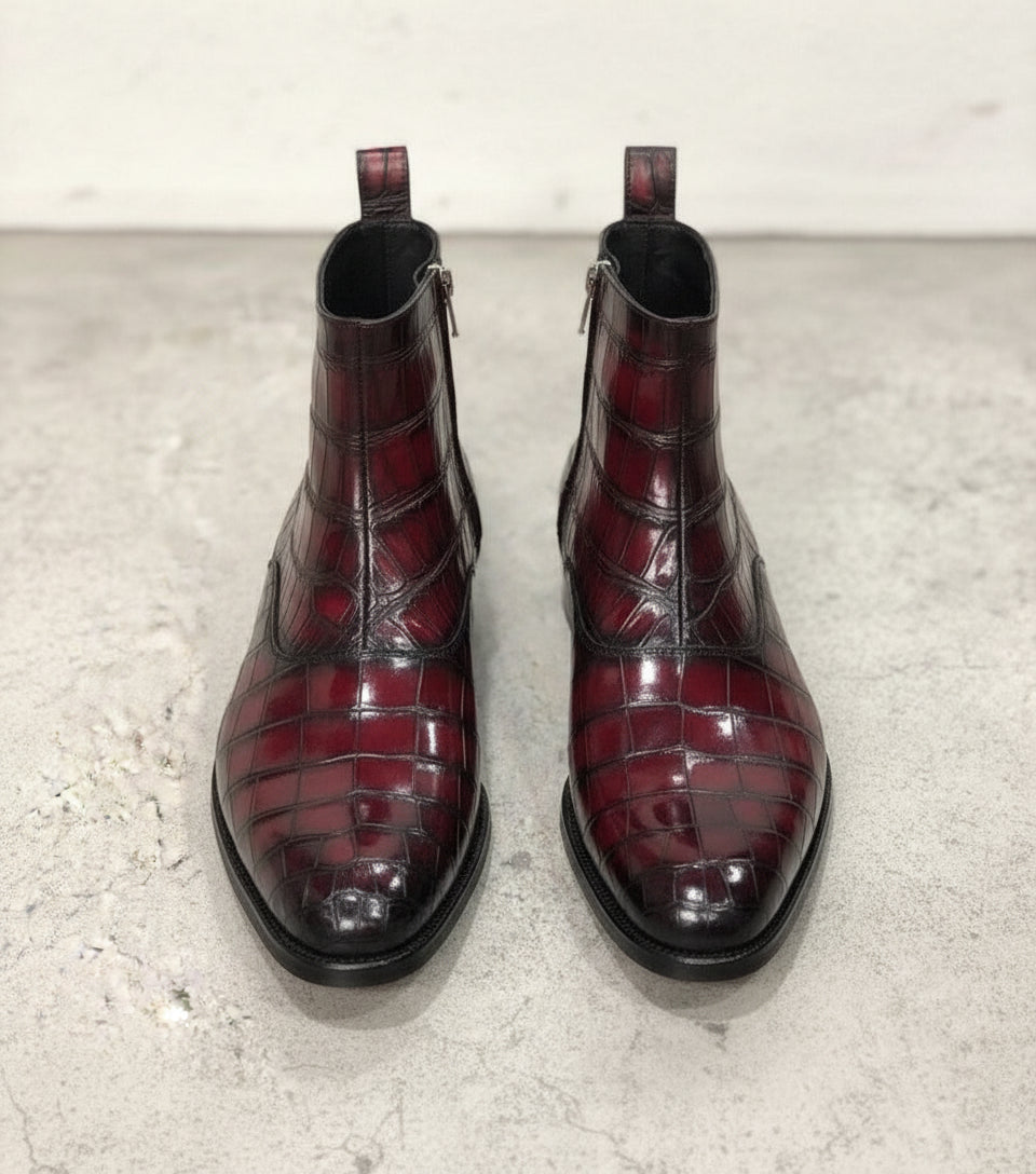 Handmade Men burgundy crocodile boots, Men alligators boot, Men zipper boot - front-view