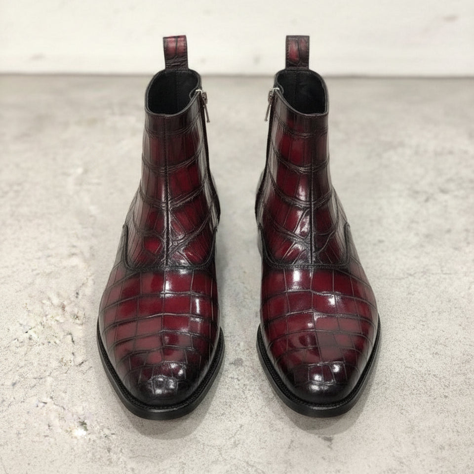 Handmade Men burgundy crocodile boots, Men alligators boot, Men zipper boot - front-view