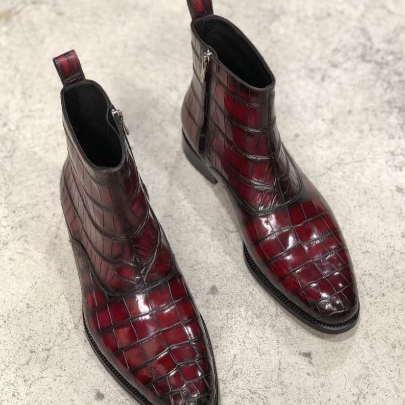 Handmade Men burgundy crocodile boots, Men alligators boot, Men zipper boot