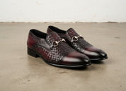 Handmade Men Burgundy Handm knitted leather moccasins, burgundy Loafer - angle-view-showing-depth