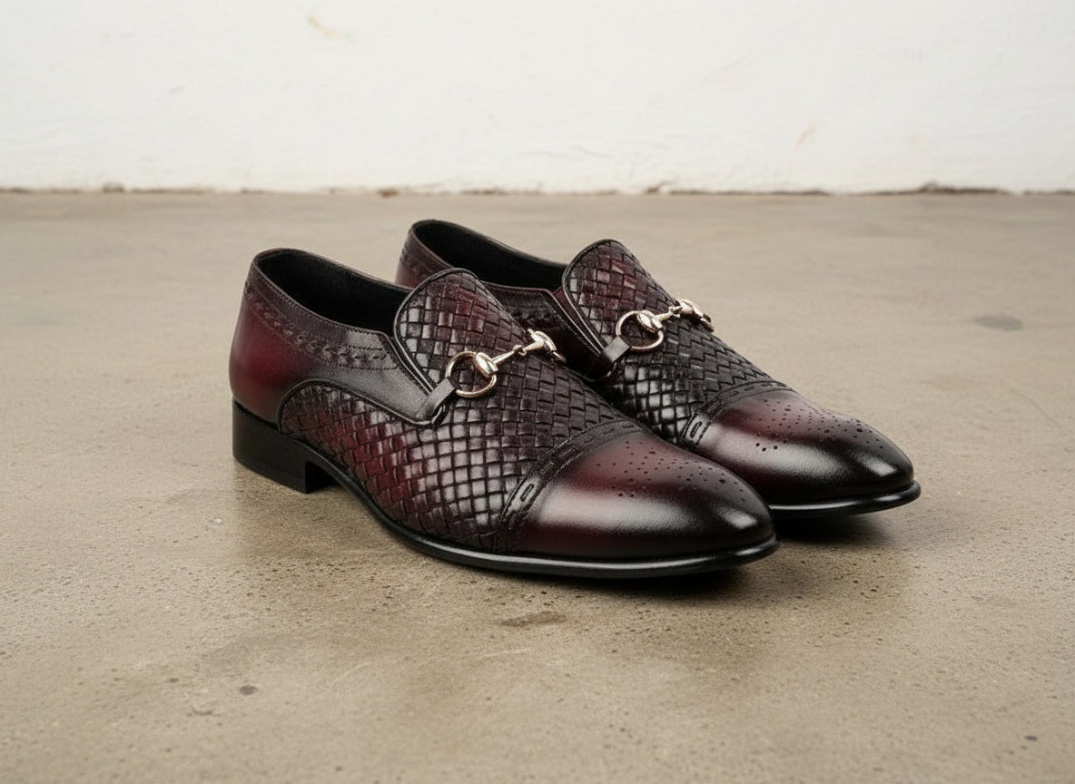 Handmade Men Burgundy Handm knitted leather moccasins, burgundy Loafer - angle-view-showing-depth