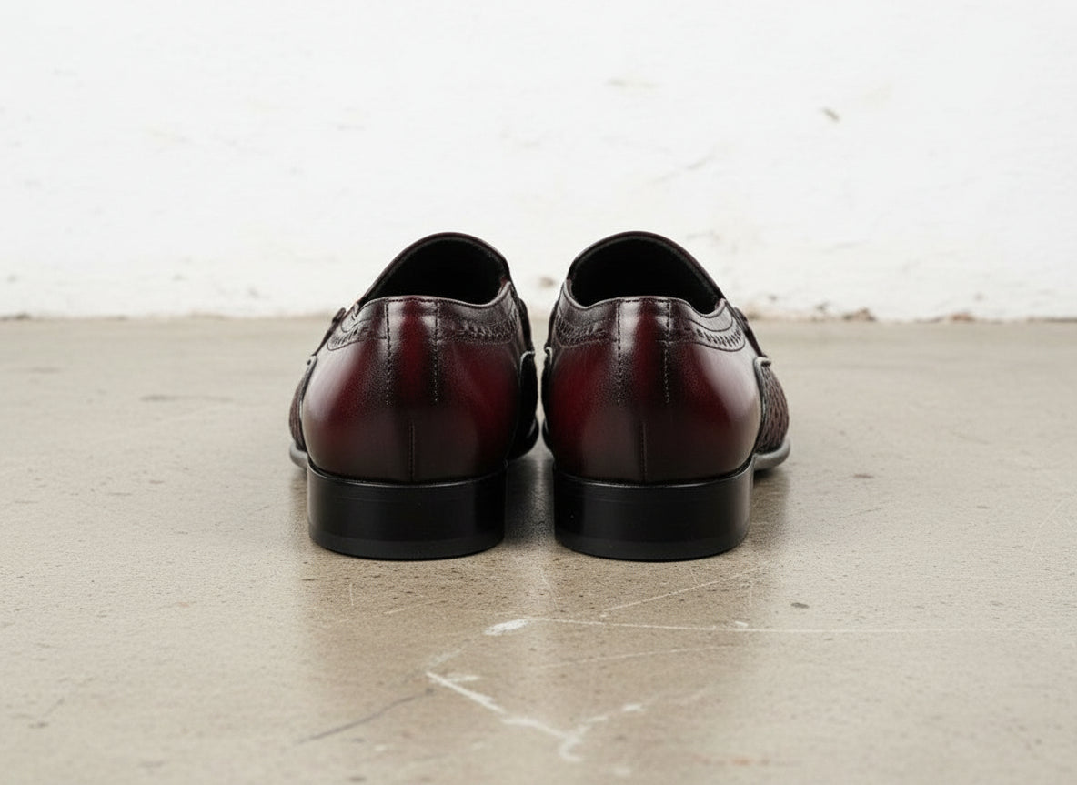 Handmade Men Burgundy Handm knitted leather moccasins, burgundy Loafer - back-view