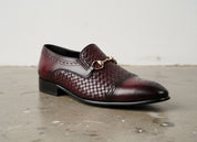 Handmade Men Burgundy Handm knitted leather moccasins, burgundy Loafer - detail-view-showing-texture