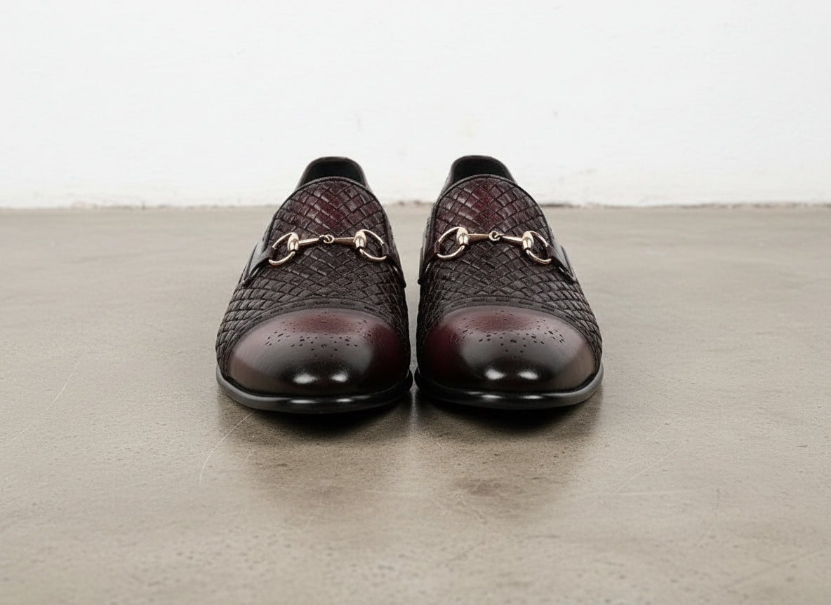 Handmade Men Burgundy Handm knitted leather moccasins, burgundy Loafer - front-view