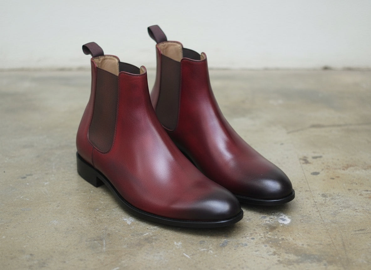 Handmade Men Burgundy Leather Chelsea boot, Men ankle dress boots - angle-view-showing-depth