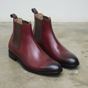 Handmade Men Burgundy Leather Chelsea boot, Men ankle dress boots - angle-view-showing-depth