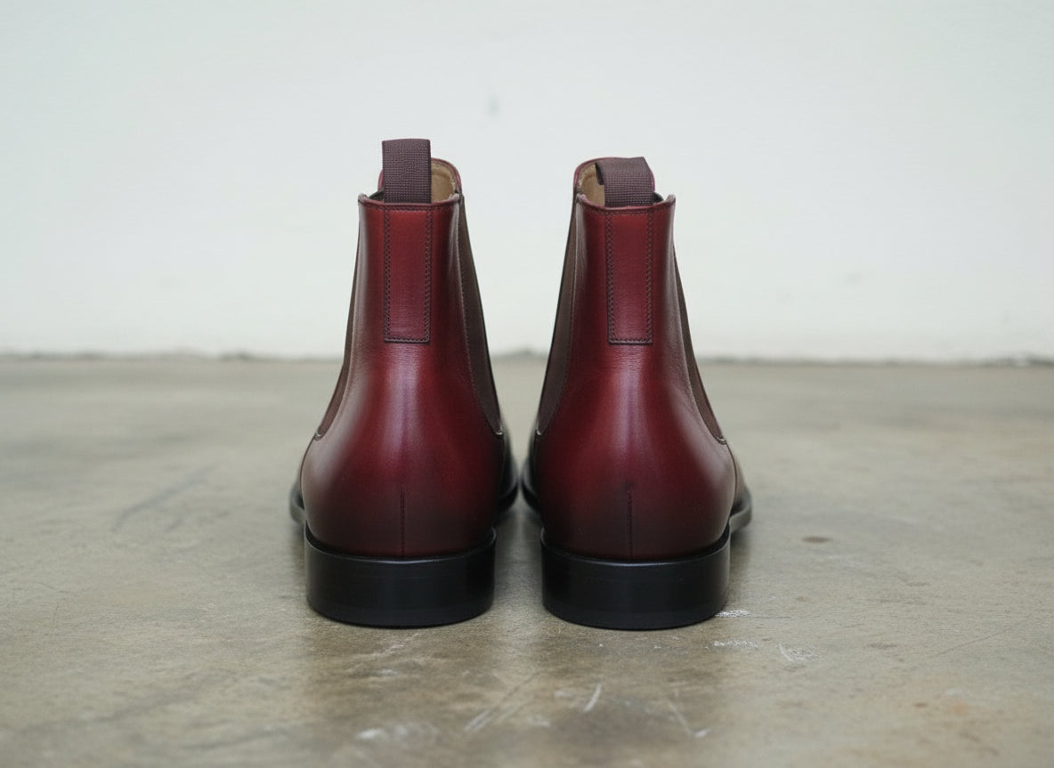 Handmade Men Burgundy Leather Chelsea boot, Men ankle dress boots - back-view