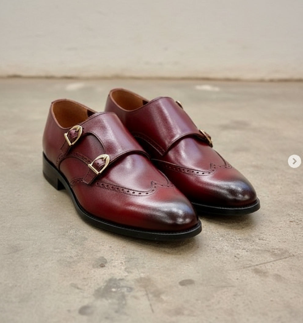 Handmade Men Burgundy Leather Double Monk Shoes, Men Formal Business Shoes - angle-view-showing-depth