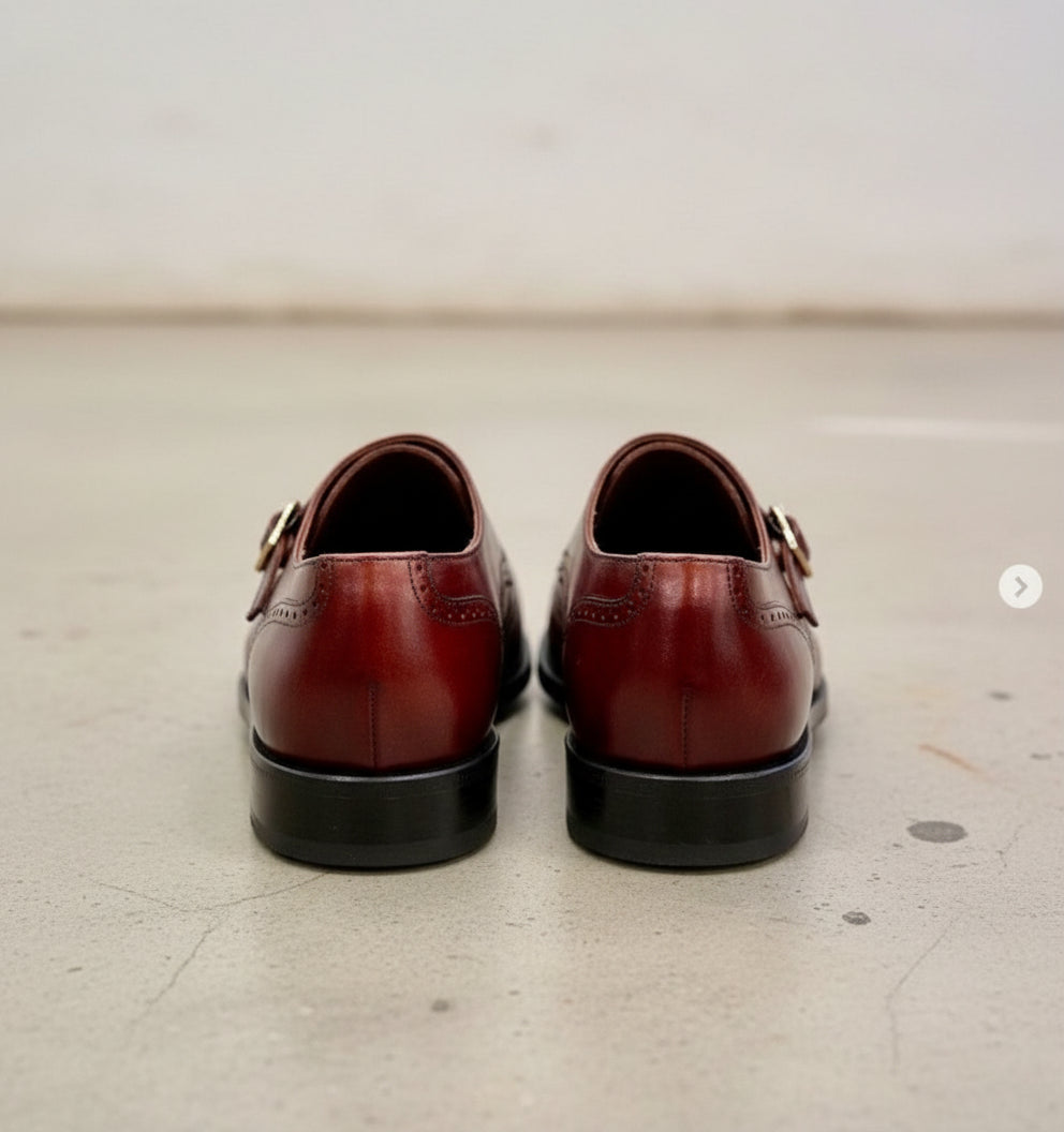 Handmade Men Burgundy Leather Double Monk Shoes, Men Formal Business Shoes - back-view