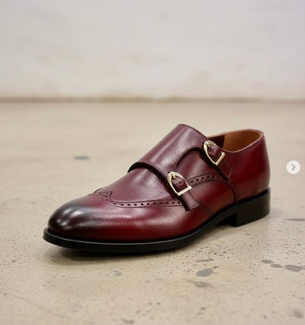 Handmade Men Burgundy Leather Double Monk Shoes, Men Formal Business Shoes - detail-view-showing-texture