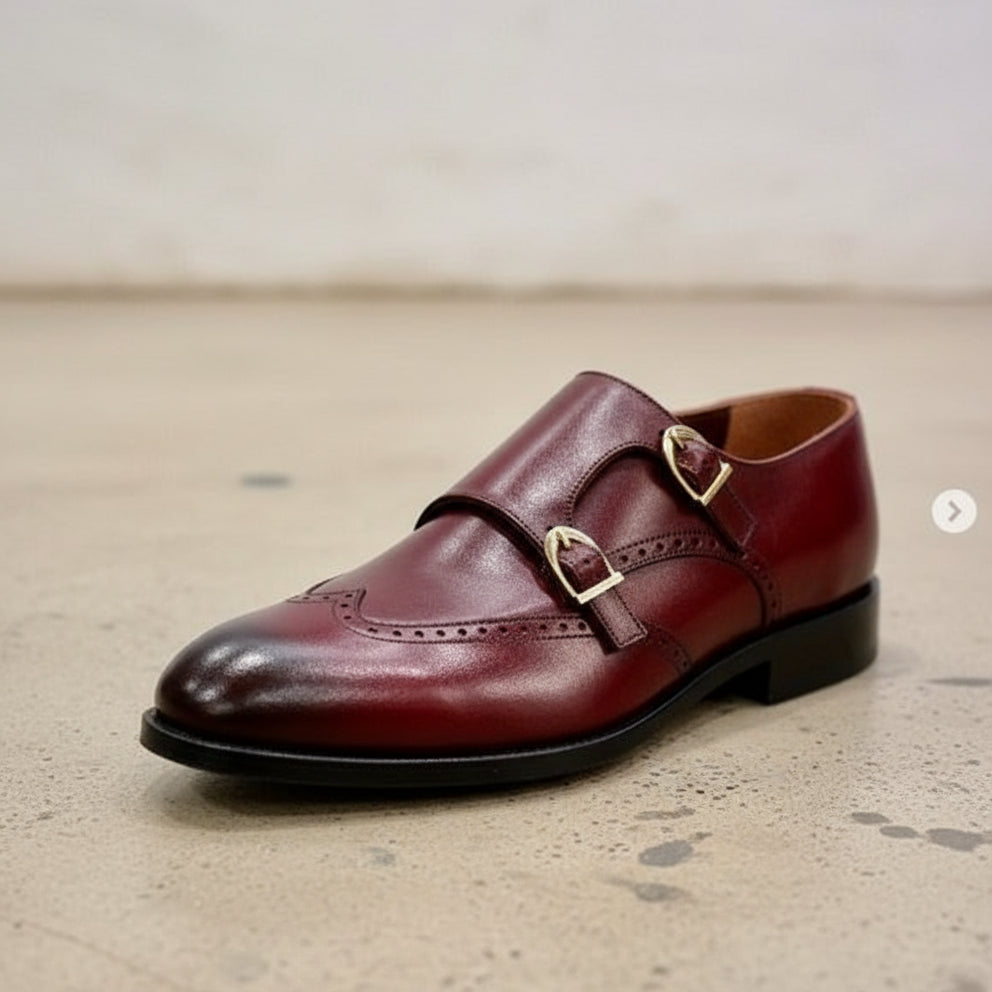 Handmade Men Burgundy Leather Double Monk Shoes, Men Formal Business Shoes - detail-view-showing-texture