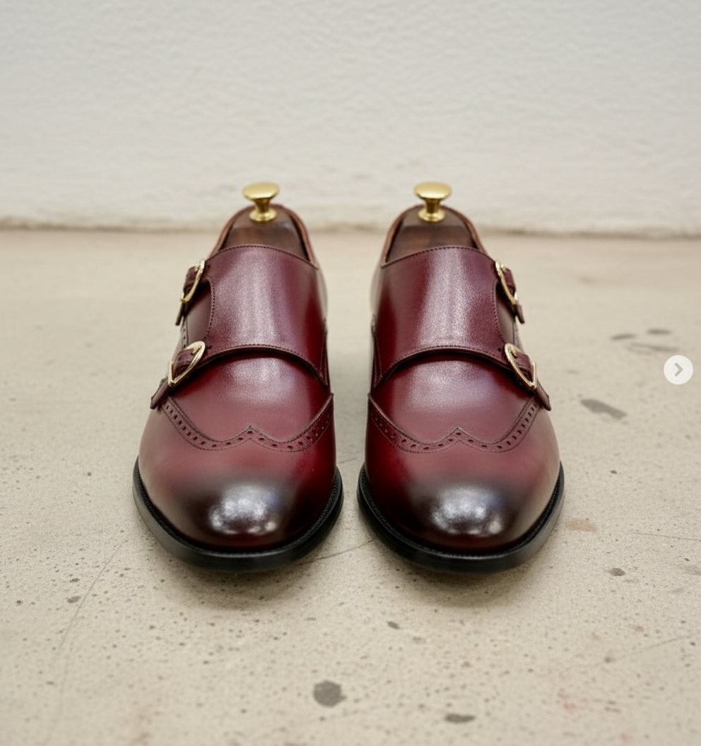 Handmade Men Burgundy Leather Double Monk Shoes, Men Formal Business Shoes - front-view