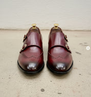 Handmade Men Burgundy Leather Double Monk Shoes, Men Formal Business Shoes - front-view