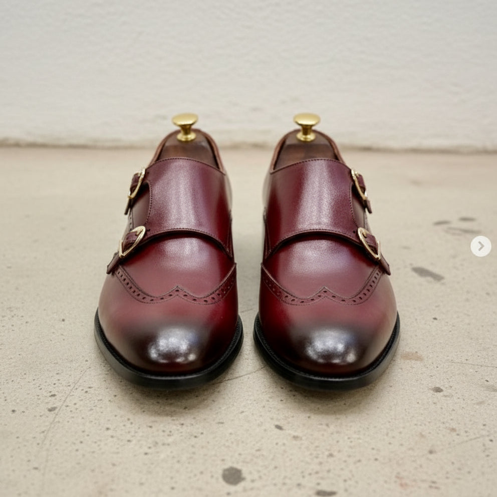 Handmade Men Burgundy Leather Double Monk Shoes, Men Formal Business Shoes - front-view