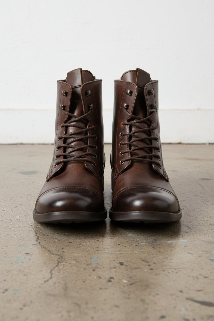 Handmade Men Cap Toe Ankle Lace Up Dark Brown Leather Boots, Boots For - front-view