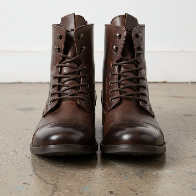 Handmade Men's Cap Toe Ankle Lace Up Dark Brown Leather Boots