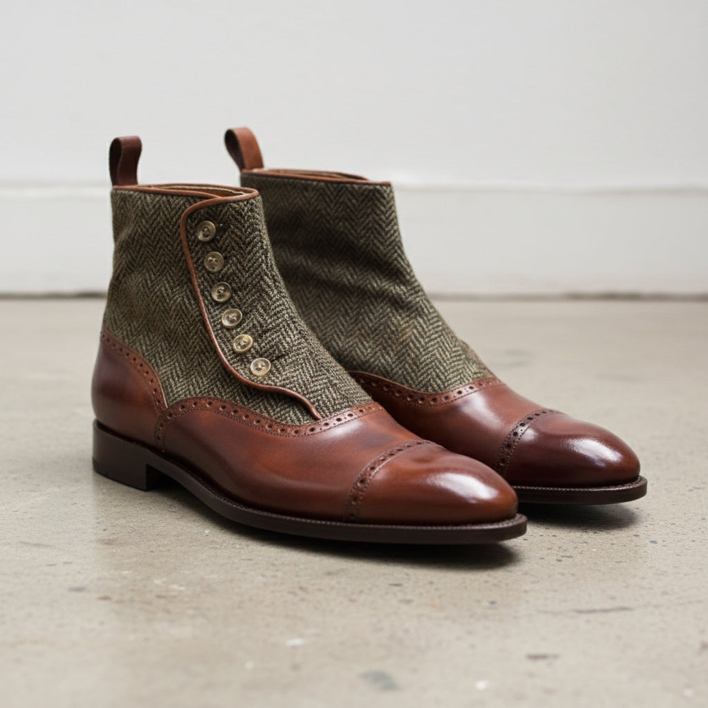 Handmade Men Cap toe tow tone button boots, Mens Brown tweed button boot - 3-4-right-view