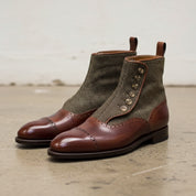 Handmade Men Cap toe tow tone button boots, Mens Brown tweed button boot - angle-view-showing-depth
