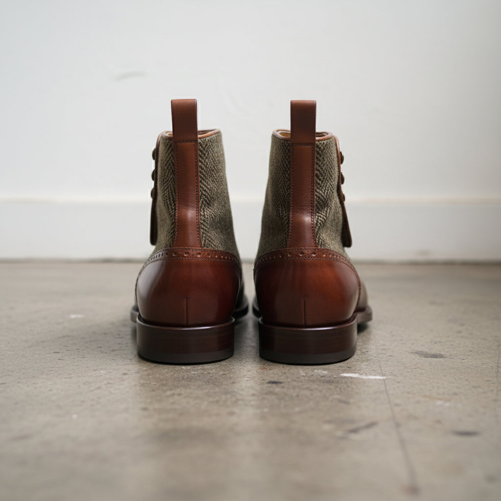 Handmade Men Cap toe tow tone button boots, Mens Brown tweed button boot - back-view