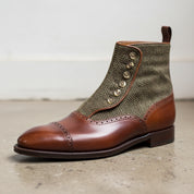 Handmade Men Cap toe tow tone button boots, Mens Brown tweed button boot - detail-view-showing-texture