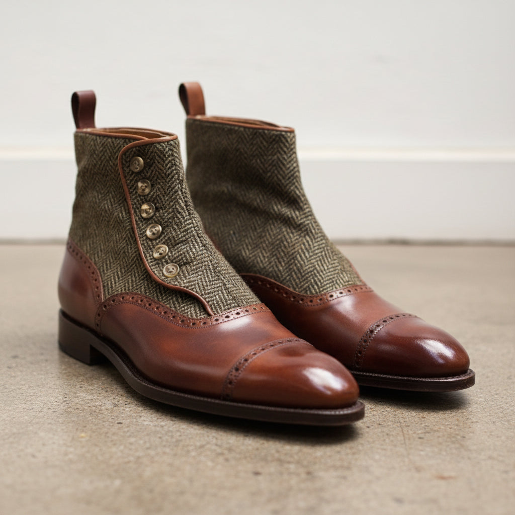 Handmade Men Cap toe tow tone button boots, Mens Brown tweed button boot - front-view