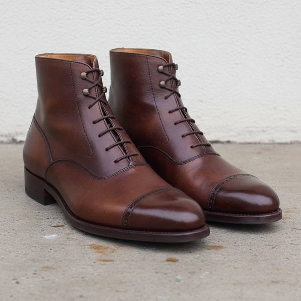 Handmade Men Cape Tone Lace Up Dress Boots, Brown Color Leather Boots