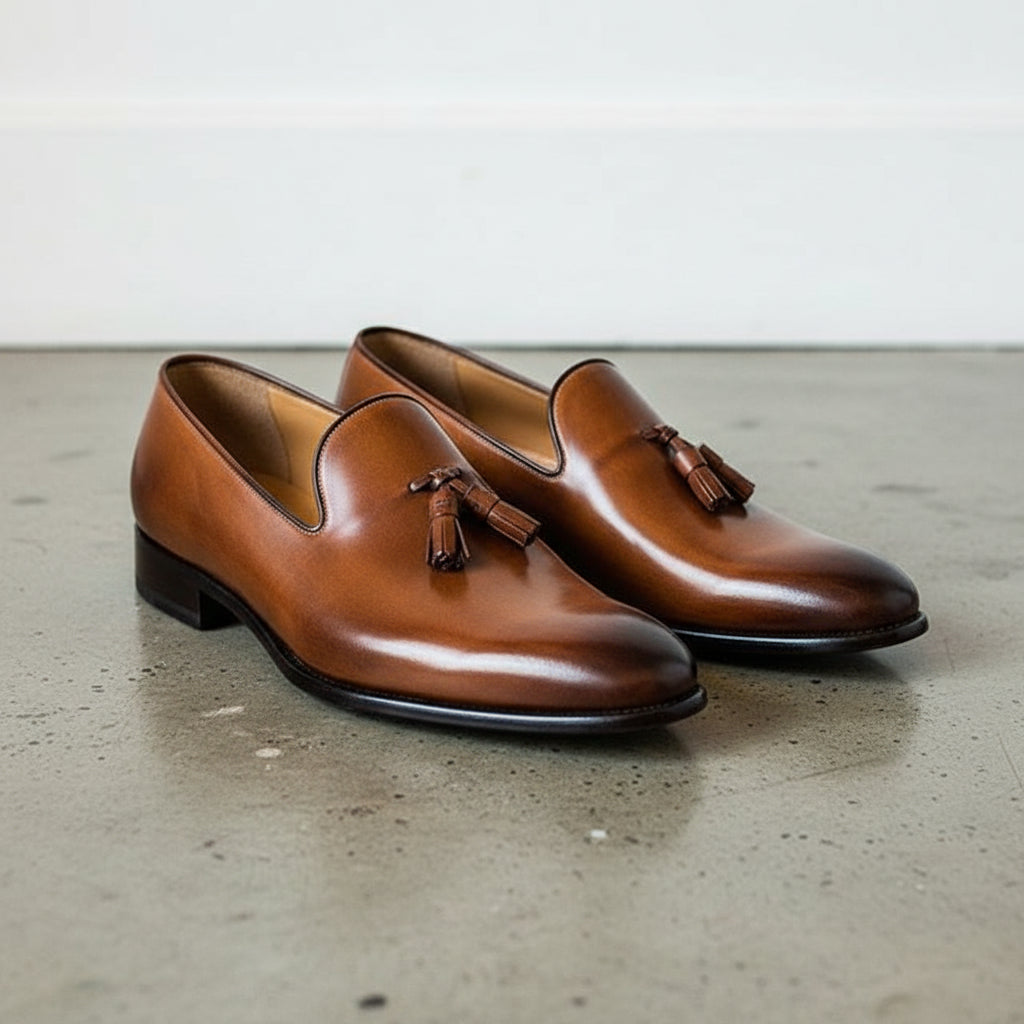 Handmade Men Chaplin tassel loafer in brown, Cowhide Leather Tassel Loafer