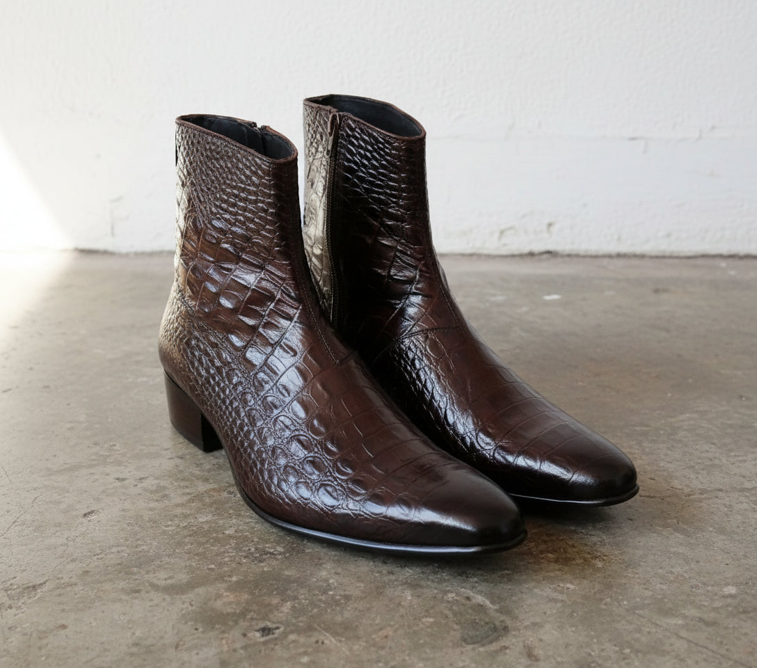 Handmade Men classic Alligators boots, Men brown side zipper crocodile boot