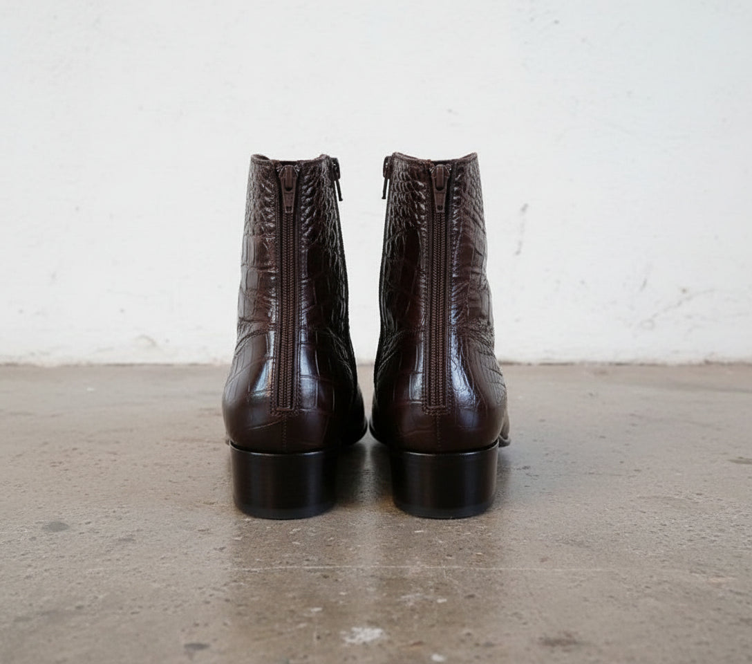 Handmade Men classic Alligators boots, Men brown side zipper crocodile boot