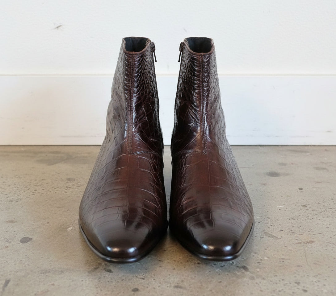 Handmade Men classic Alligators boots, Men brown side zipper crocodile boot