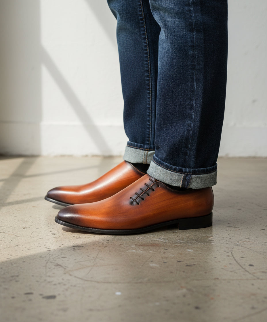 Handmade Men Cognac Lateral Lacing Whole Cut Oxford Shoes, Dress Shoes US 12.5 / D - Standard Handmade Men Cognac Lateral Lacing Whole Cut Oxford Shoes, Dress Shoes US 12.5 / D - Standard