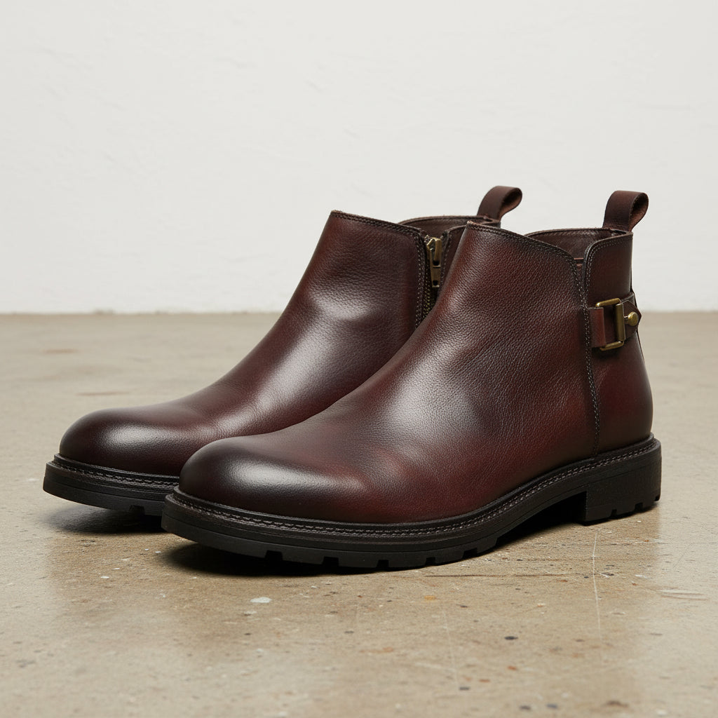 Handmade Men' Cow Leather Rugged Chelsea Boots - angle-view-showing-depth