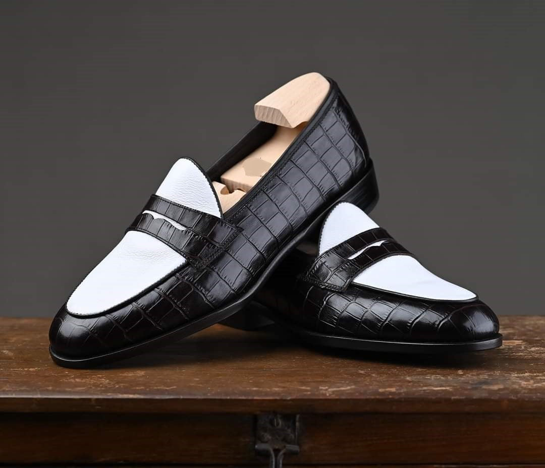 Handmade Men crocodile moccasins loafer, Men Two tone alligators shoes