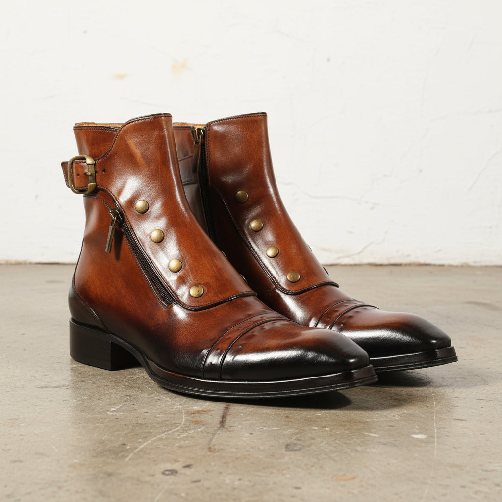 Handmade Men Dark Brown Side Button Zipper High Ankle Strap Leather Boots - 3-4-right-view