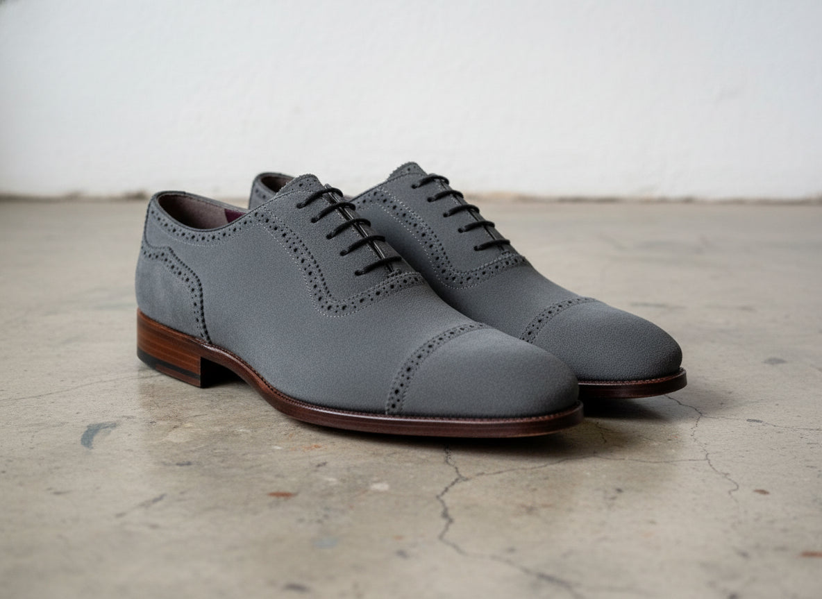 Handmade Men Dark Gray Oxford Shoes, Suede Leather Shoes, Shoes - 3-4-right-view
