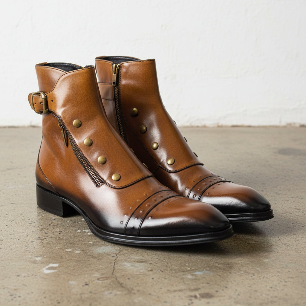 Handmade Men Dark Tan Side Button Side Zipper High Ankle Strap Leather Boot - angle-view-showing-depth