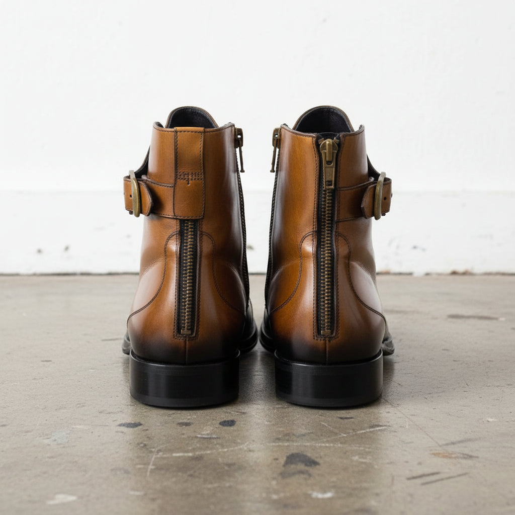 Handmade Men Dark Tan Side Button Side Zipper High Ankle Strap Leather Boot - back-view