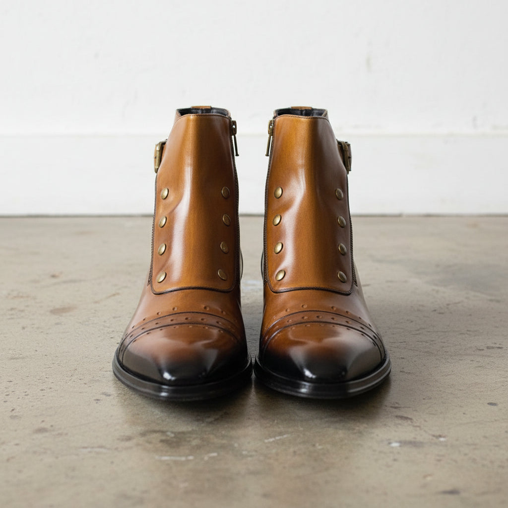 Handmade Men Dark Tan Side Button Side Zipper High Ankle Strap Leather Boot - front-view