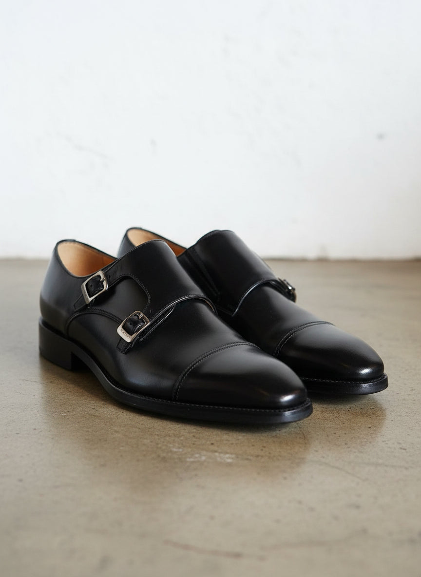 Handmade Men double buckle dress shoes, Men black monk shoes, Shoes for men - angle-view-showing-depth