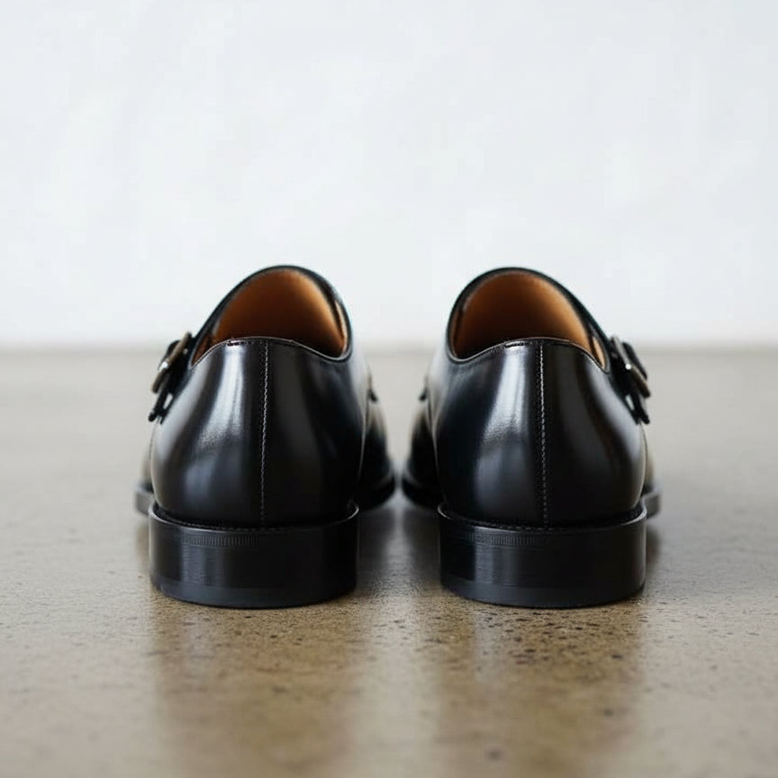 Handmade Men double buckle dress shoes, Men black monk shoes, Shoes for men - back-view