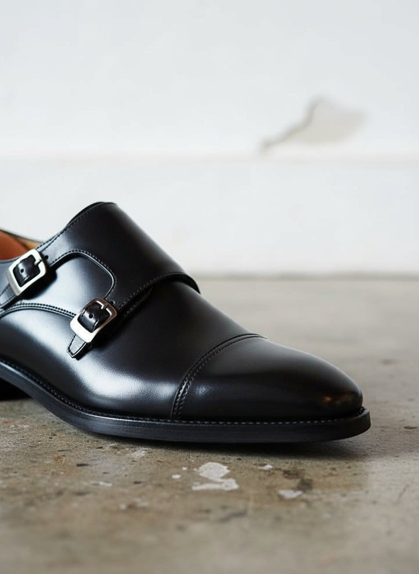 Handmade Men double buckle dress shoes, Men black monk shoes, Shoes for men - detail-view-showing-texture