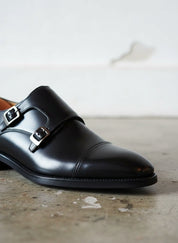 Handmade Men double buckle dress shoes, Men black monk shoes, Shoes for men - detail-view-showing-texture